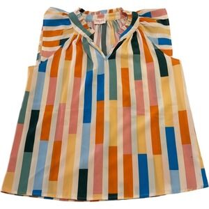 Hailey & Co Blouse Womens Small Multi Color Oversized Striped Ruffle V-Neck Top